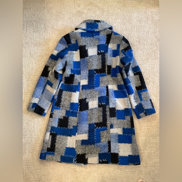 💙🖤 Alison Sheri Women Wool Blend Double Breasted Pea Coat Patchwork M EUC - Picture 2 of 8